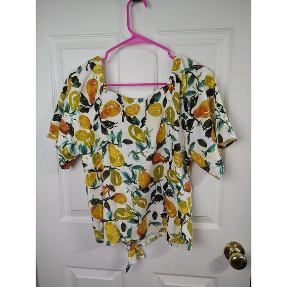 Ava James Woman L Shirt V Button Fruit Linen Blend Tie Front SS cropped - Picture 6 of 6